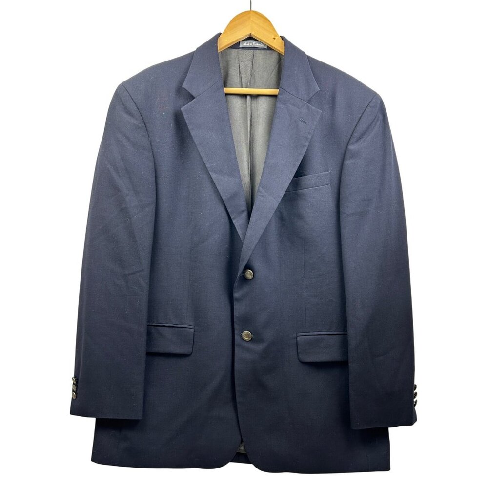 Vtg Oscar de la Renta Blazer Jacket Mens 46R Navy Wool 2-Button Gold‎ Crest